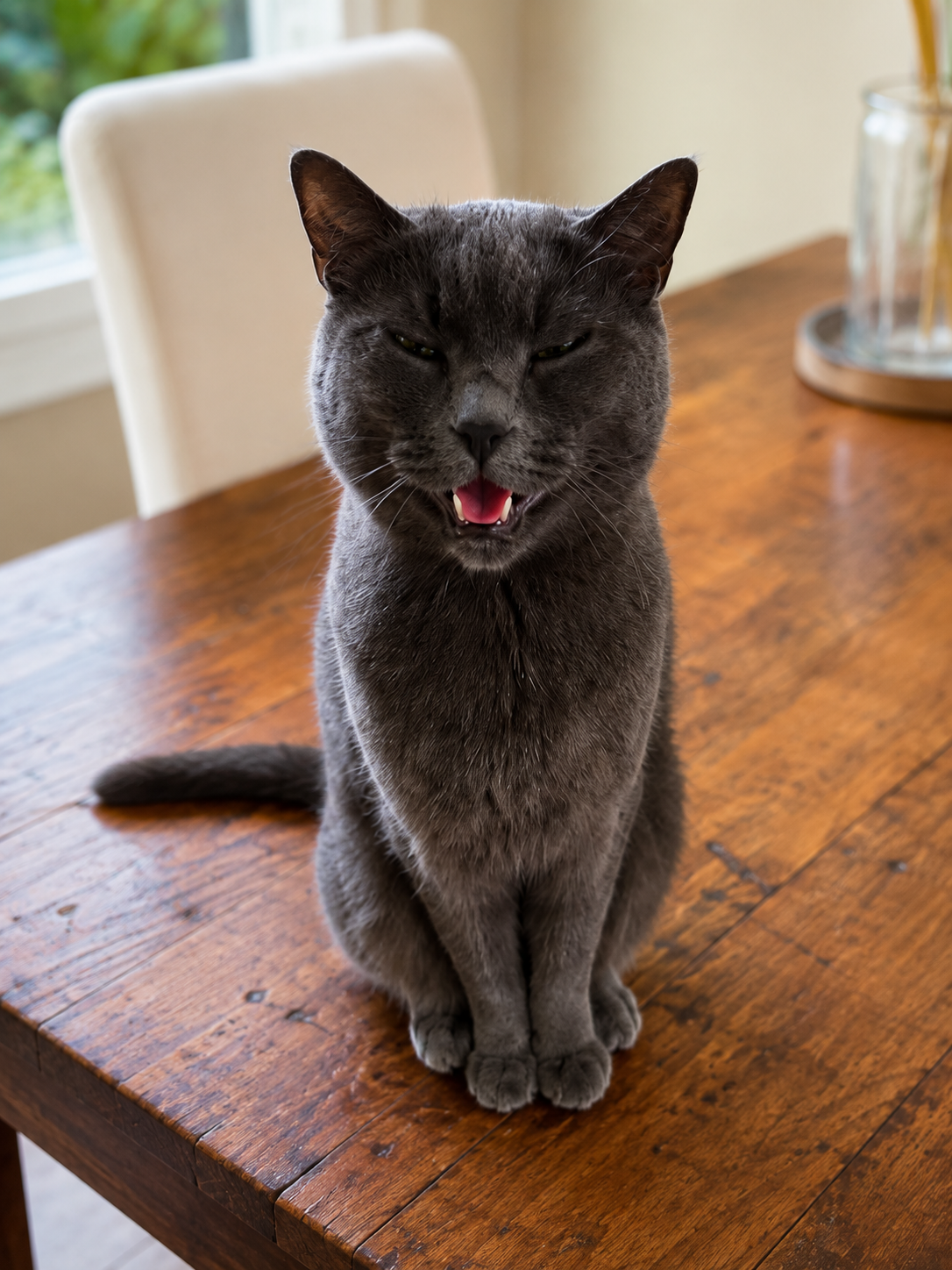 Chat gris assis sur une table